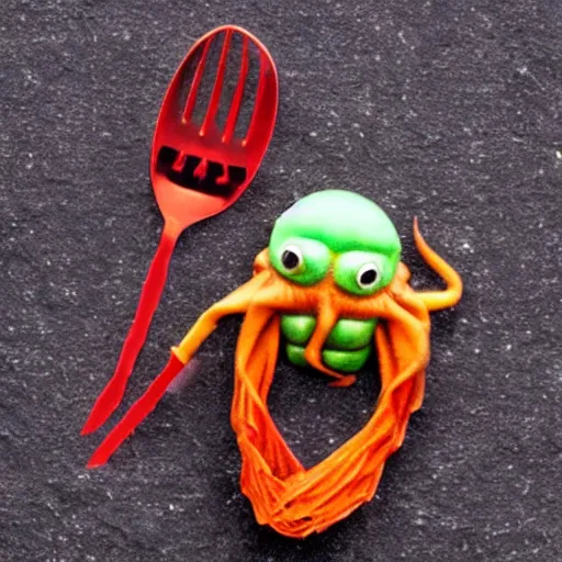 Image similar to tiny Cthulhu with a spork threatening a child