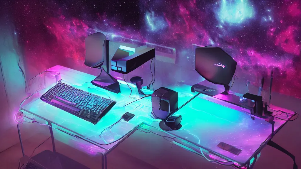 Image similar to a galactic overpowered computer. (cyan, pink, purple, orange) Overclocking, watercooling, custom computer, nebula, mat black metal, alienware, cosmic design, desktop computer, nebula, galactic, space, minimalist desk, minimalist home office, whole room, minimalist, Beautiful dramatic dark moody tones and lighting, orange neon, Ultra realistic details, cinematic atmosphere, studio lighting, shadows, starts lighting, starts, dark background, dimmed lights, industrial architecture, Octane render, realistic 3D, photorealistic rendering, 8K, 4K, Cyborg R.A.T 7, Republic of Gamer, computer setup, highly detailed