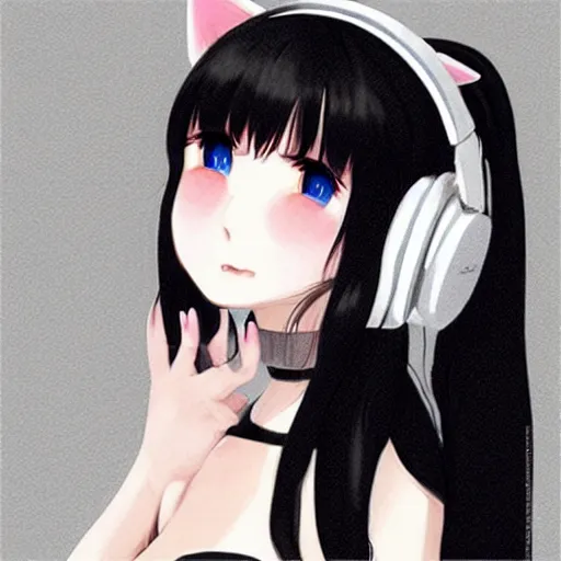 Image similar to realistic beautiful gorgeous buxom natural cute blushed shy girl Blackpink Lalisa Manoban black hair cute fur black cat ears, wearing white camisole, headphones, black leather choker artwork drawn full HD 4K highest quality in artstyle by professional artists WLOP, Taejune Kim, Guweiz, Aztodio on Pixiv Instagram Artstation