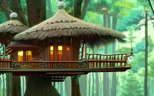 Prompt: an intricate treehouse in a dense forest in the realistic detail style of studio Ghibli, 4k, cinematic lighting