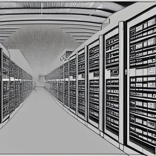 Image similar to Interior of a retrofuturistic data center, very detailed, cartoon style