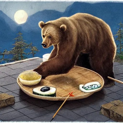 Image similar to bear eating sushi with chopsticks, a detailed matte painting by anton pieck, deviantart contest winner, fantasy art, concept art, official art, matte drawing