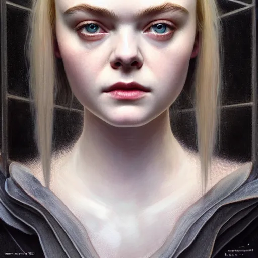 Image similar to symmetry!! portrait of elle fanning in prey in the world of h. r. giger, horror, fashion, dark!! intricate, elegant, highly detailed, digital painting, artstation, concept art, smooth, sharp focus, illustration, art by artgerm and greg rutkowski and alphonse mucha