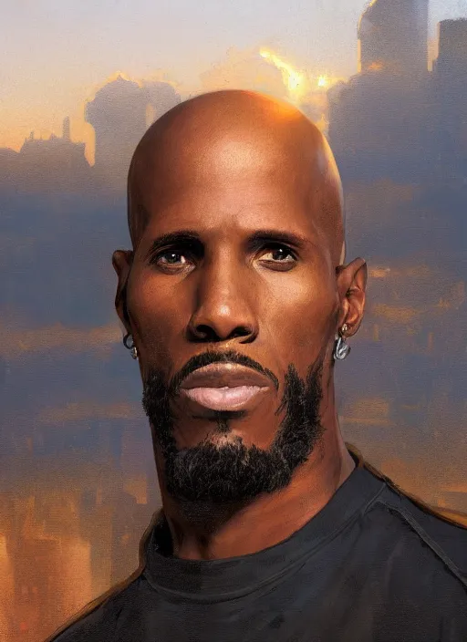 Prompt: A digital painting of a portrait of DMX alone on a rooftop during Golden Hour. masterpiece 4k digital illustration by Ruan Jia and Mandy Jurgens and Artgerm and greg rutkowski and Alexander Tsaruk and WLOP and william-adolphe bouguereau, marvel comics, dark, intricate, highly detailed, smooth, artstation, digital illustration by Ruan Jia and Mandy Jurgens and Artgerm and Wayne Barlowe and Greg Rutkowski and Frank Frazetta , award winning, Artstation, art nouveau aesthetic, Alphonse Mucha background, intricate details, realistic, panoramic view, Hyperdetailed, 8k resolution, intricate art nouveau