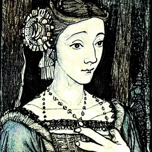 Prompt: Anne Boleyn half-bird half-woman, style of Arthur Rackham, detailed