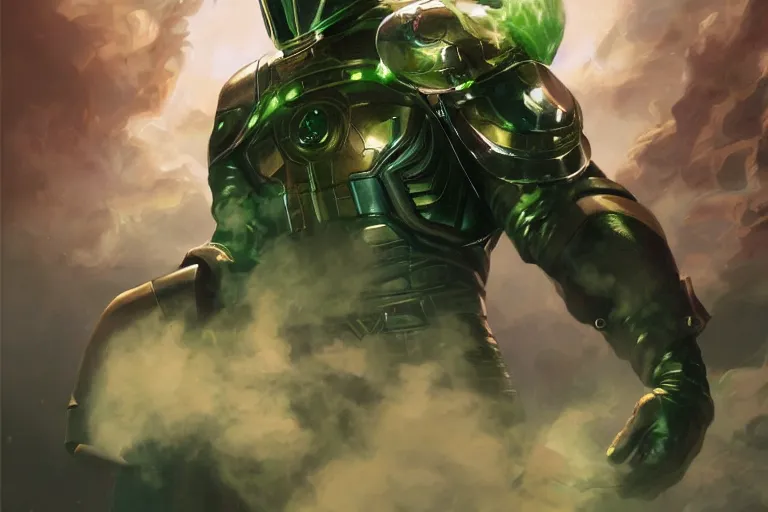Prompt: MCU Mysterio, crossing his arms, appearing gigantic emerging from a cloud of green smoke, trending on Artstation, highly detailed, HD wallpaper, 4k, photorealistic, digital art, art by artgerm and Greg Rutkowski and Alphonse Mucha