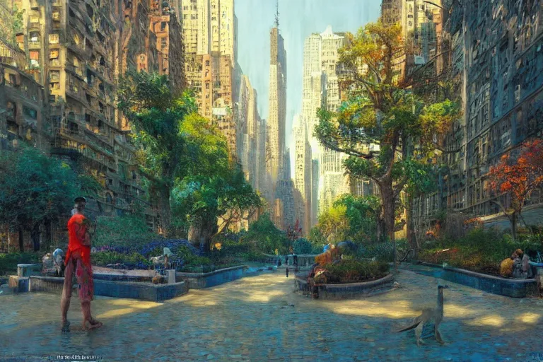 Prompt: A park in new york city, summer season, bright scene, highly detailed, intricate, sharp details, dystopian mood, 1950 scene by gaston bussiere, craig mullins, warm lighting, drawn by Giacomo Burattini, inspired by graphic novel cover art, hyperrealistic, 8k by RHADS