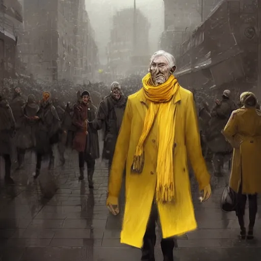 Image similar to luxury advertisement, a highly detailed epic cinematic concept art CG render digital painting artwork of an elderly professor in a grey coat with a long yellow scarf preaching for the revolution to start. By Greg Rutkowski, Ilya Kuvshinov, WLOP, Stanley Artgerm Lau, Ruan Jia and Fenghua Zhong, trending on ArtStation, made in Maya, Blender and Photoshop, octane render, excellent composition, cinematic dystopian soviet atmosphere, dynamic dramatic cinematic lighting, aesthetic, very inspirational, arthouse