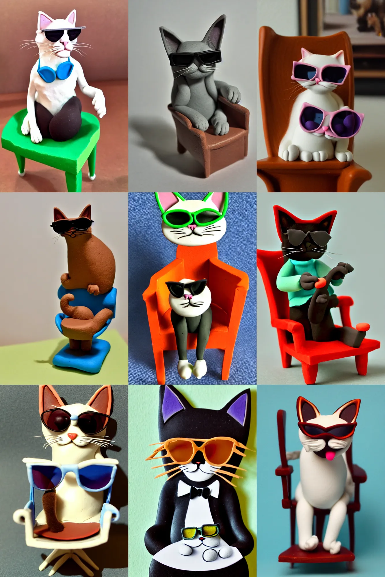 Prompt: A cat sitting in a chair, wearing a pair of sunglasses, claymation art/clay art