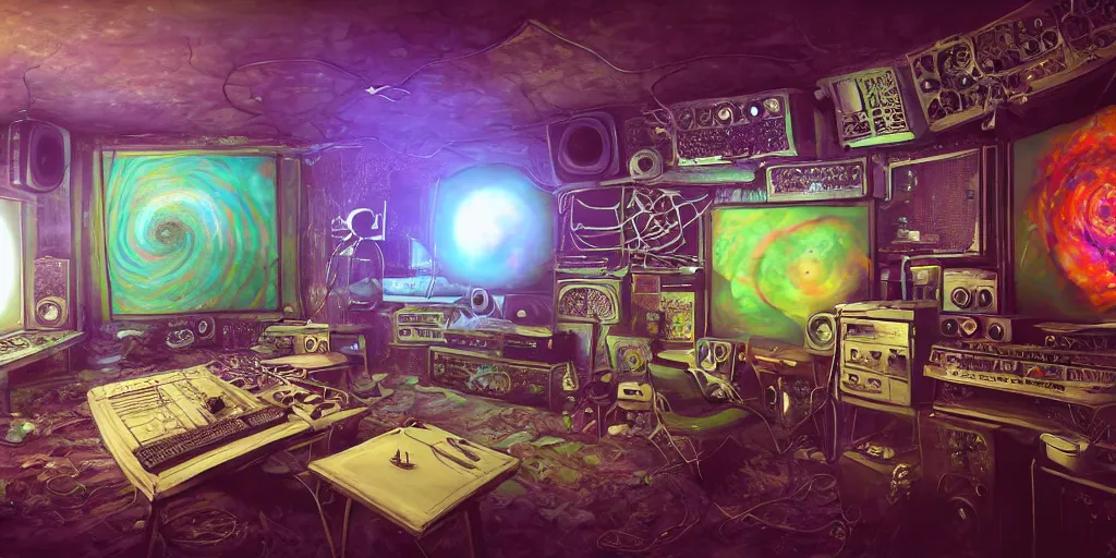 Prompt: A realistic painting of a vintage reel to reel computer, with psychedelic mushroom art on the screen, in a post apocalyptic recording studio, daytime, unreal 5, DAZ, hyperrealistic, octane render, RPG portrait, dynamic lighting,