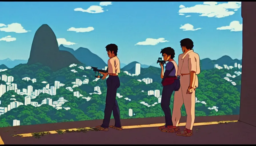 Prompt: 1 9 8 6 movie screencap of a couple with a gun on a rio de janeiro, gucci clothes, studio ghibli sky, beautiful favela background extremely utra high quality artwork 8 k