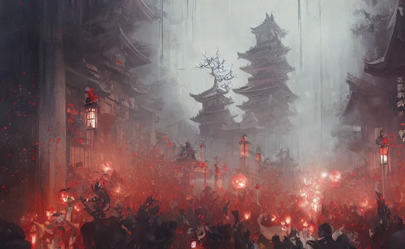 Image similar to a painting of the japanese ghost festival trending on artstation in the style of greg rutkowski