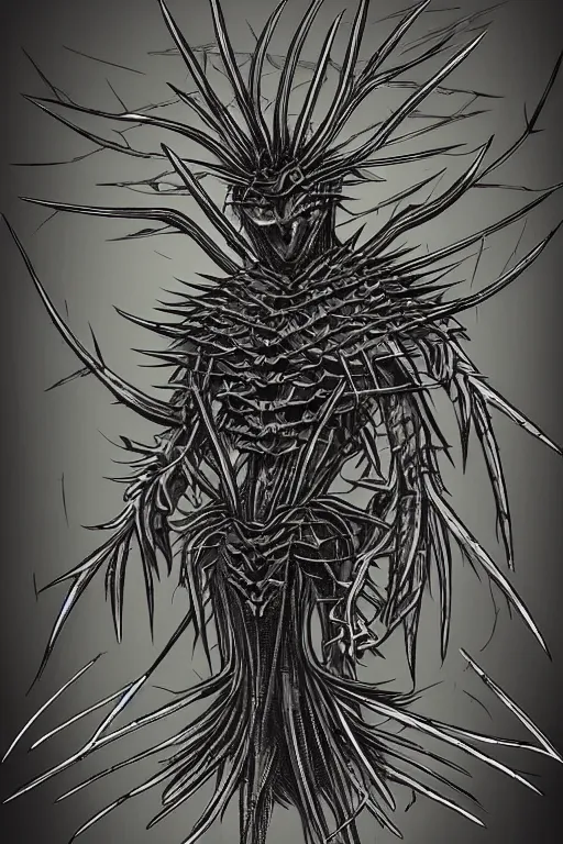 Prompt: thistle humanoid heavily armoured, symmetrical, highly detailed, digital art, needles, thorns, cactus, sharp focus, trending on art station, kentaro miura manga art style