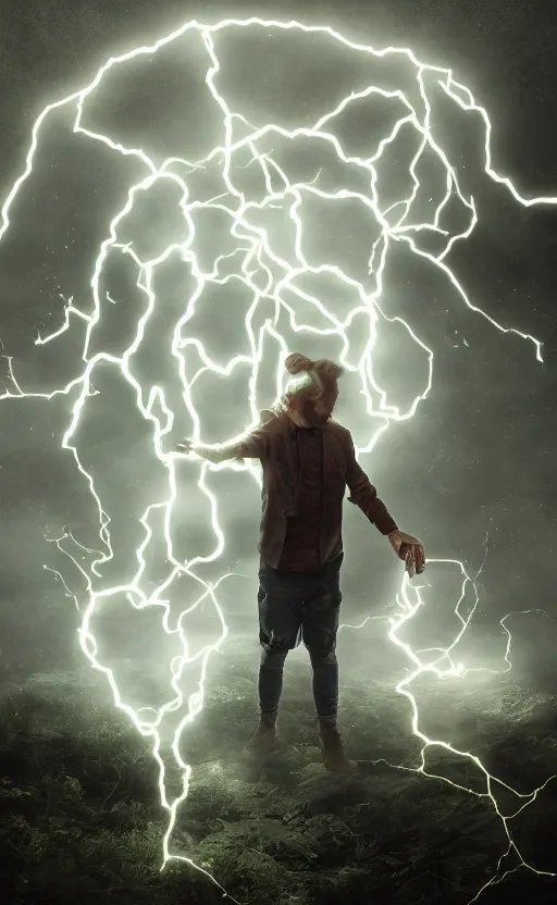 Prompt: Eliezer Yudkowski casting an electricity spell. Digital art trending on artstation. 4k. Tyndall effect.