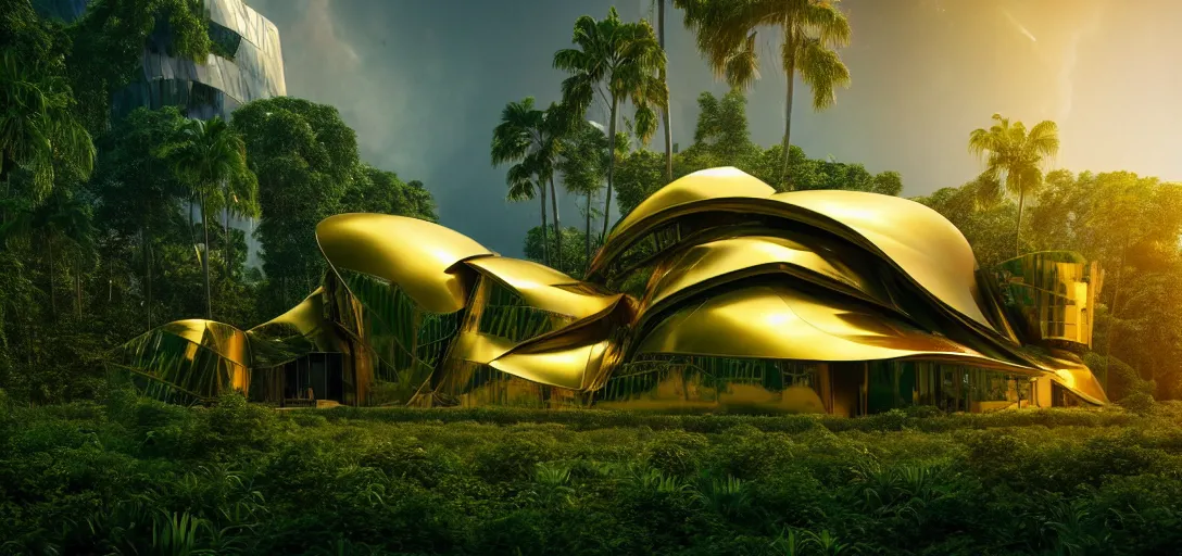 Prompt: futuristic shinny golden iridiscent mirror building in an jungle landscape of a biopunk city by frank gehry and zaha hadid, movie poster, golden ratio, evening lighting, film still, realistic, octane render redshift arnold materials unreal engine, 8 k post production, hyper detailed