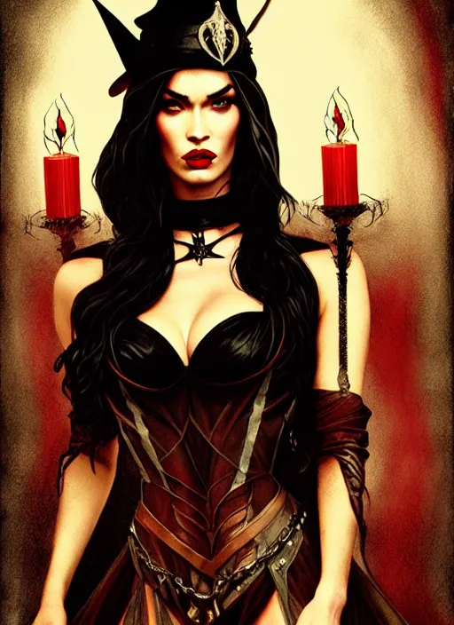 Prompt: megan fox witch queen, black eyes, blood, full body, intricate victorian dress, middle shot, cinematic lighting, symmetrical eyes, caravaggio, joshua middleton, rafael albuquerque, charlie bowater, moody lighting, candles