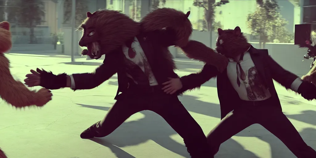 Image similar to nicolas cage beating up furry cosplayers, 8 k, octane render, choreographed fight scene, composition,