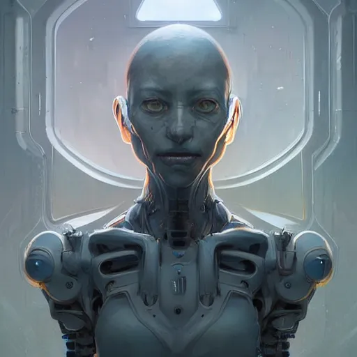 Prompt: professional ominous concept art portrait of a robot - human chimera character by artgerm and greg rutkowski. an intricate, elegant, highly detailed digital painting, concept art, smooth, sharp focus, illustration, in the style of simon stalenhag, wayne barlowe, and igor kieryluk.