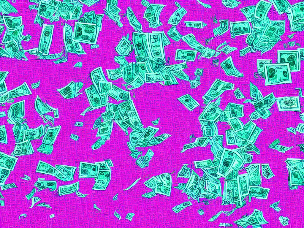 Prompt: vaporwave glitchy corrupt jpeg with lots of money