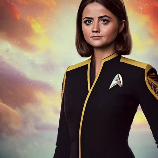 Image similar to a beautiful full body photograph of younger jenna coleman as a star fleet officer from star trek next generation, full dress uniform, symmetrical face, extreme realism and detail, 8 k, completely framed, direct lighting, 3 5 mm photo, photorealistic, sharp focus