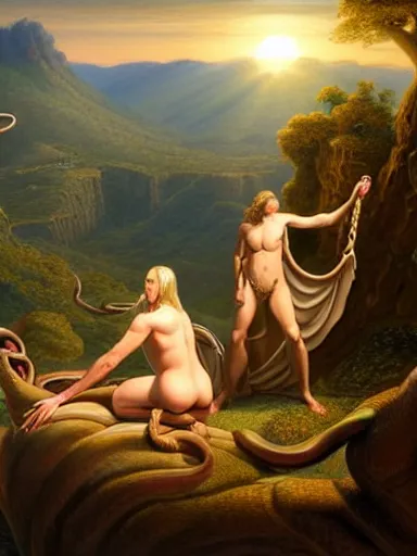 Prompt: adam and eve being tempted by the serpent. an angel and a serpent. the sun and mountains on the background. intricate, elegant, highly detailed, digital painting, artstation, concept art, sharp focus, illustration, by justin gerard and artgerm, 8 k