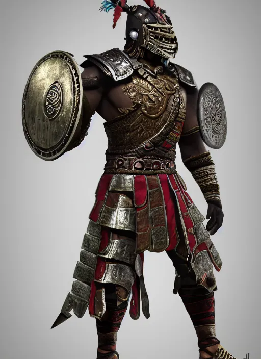 Image similar to а fantasy aztec warrior inspired a game For Honor, full body, detailed and realistic, 4k, trending on artstation, octane render