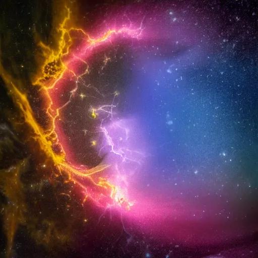 Image similar to nebula made of lightning, planets, shore, twister, 4 k