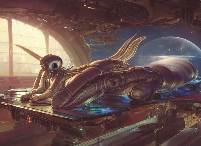 Image similar to alien space cat sleeping on a mechanics workbench in a spaceport in a space opera ghibli animated film, volumetric lighting, octane render by stanley artgerm lau, greg rutkowski, thomas kindkade, alphonse mucha, loish, norman rockwel, highly detailed