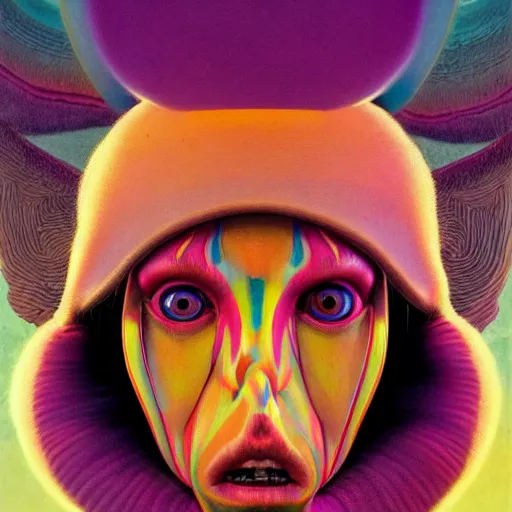 Prompt: colourful breathtakingly weird beautiful powerful magical wonderfully majestic beautifully cool character closeup by michael whelan, moebius, beeple, dan mcpharlin, pascal blanche, jamie hewlett, richard dadd, symmetrical, extreme close up with a serene expression, 8 k artstation