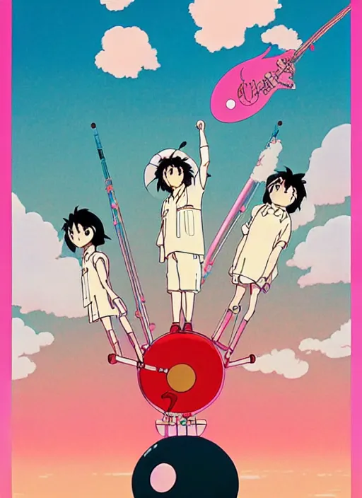 Image similar to a movie poster for a studio Ghibli film based on the song Yoshimi battles the pink robots, part 1. by the band the flaming lips; artwork by Hiyao Miyazaki and studio Ghibli