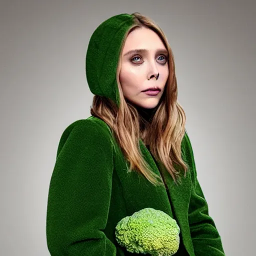 Prompt: elizabeth olsen has [ [ wearing a broccoli outfit ] ]!!, trending on cgsociety, 4 k quality, intricate