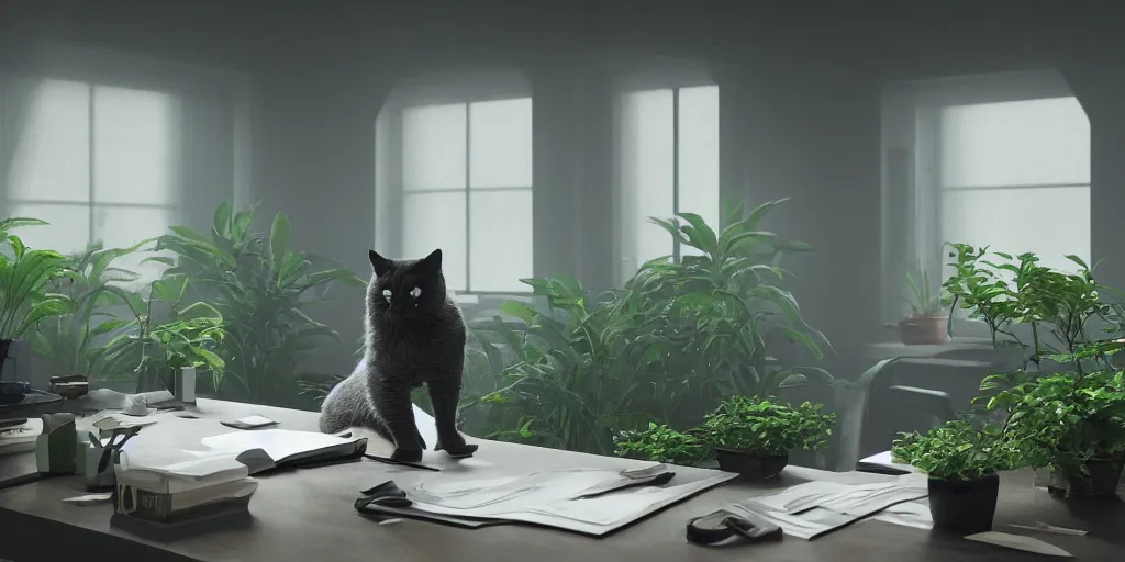 Image similar to cat desk office mirrors plants gloomy strange weird mist curious fish luminous bloom windows insect atmosphere sense awe 4 k 8 k render 3 d unreal engine 5 octane by nikolina petolas