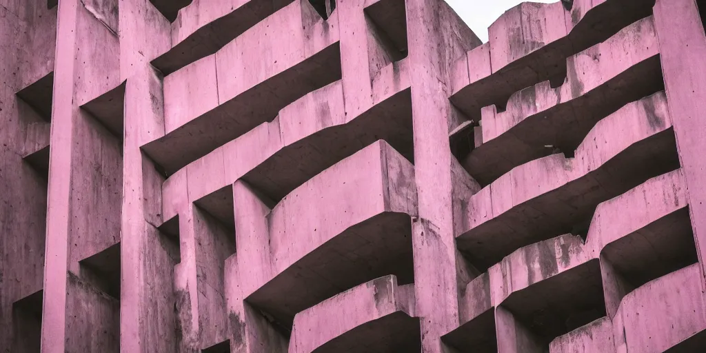 Image similar to a photo of a brutalist building ruins with accents of pink and cyan. dark and moody.