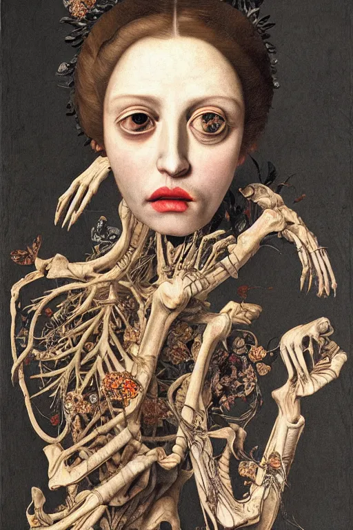 Prompt: Detailed maximalist portrait with large lips and with large eyes, sad exasperated expression, HD mixed media, 3D collage, highly detailed and intricate illustration, botany and bones, in the style of Caravaggio, dark art, baroque