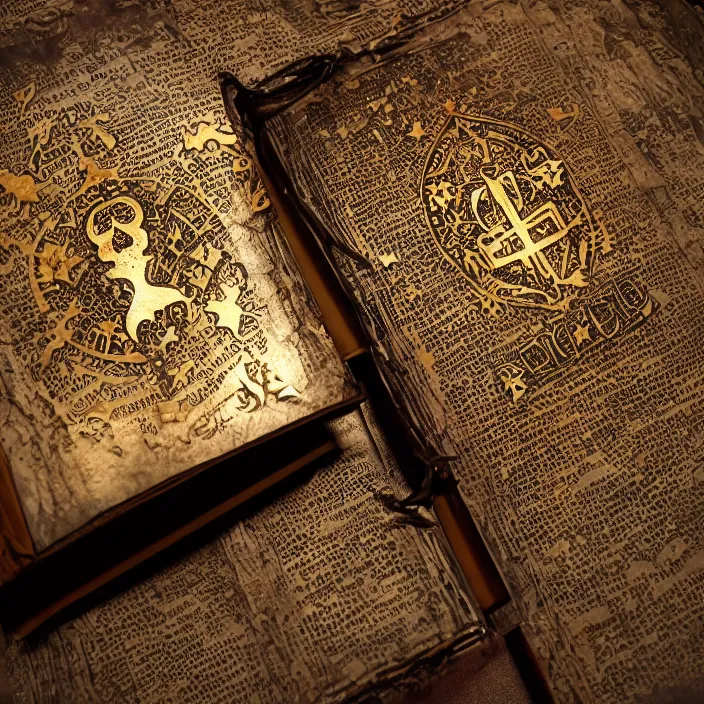 Prompt: scene is ancient dimly lit fantasy punisher library. open punisher leather bound book laying open to a page with many symbols and runes and symbols featuring one gold inlay punisher symbol. background light rays in dust
