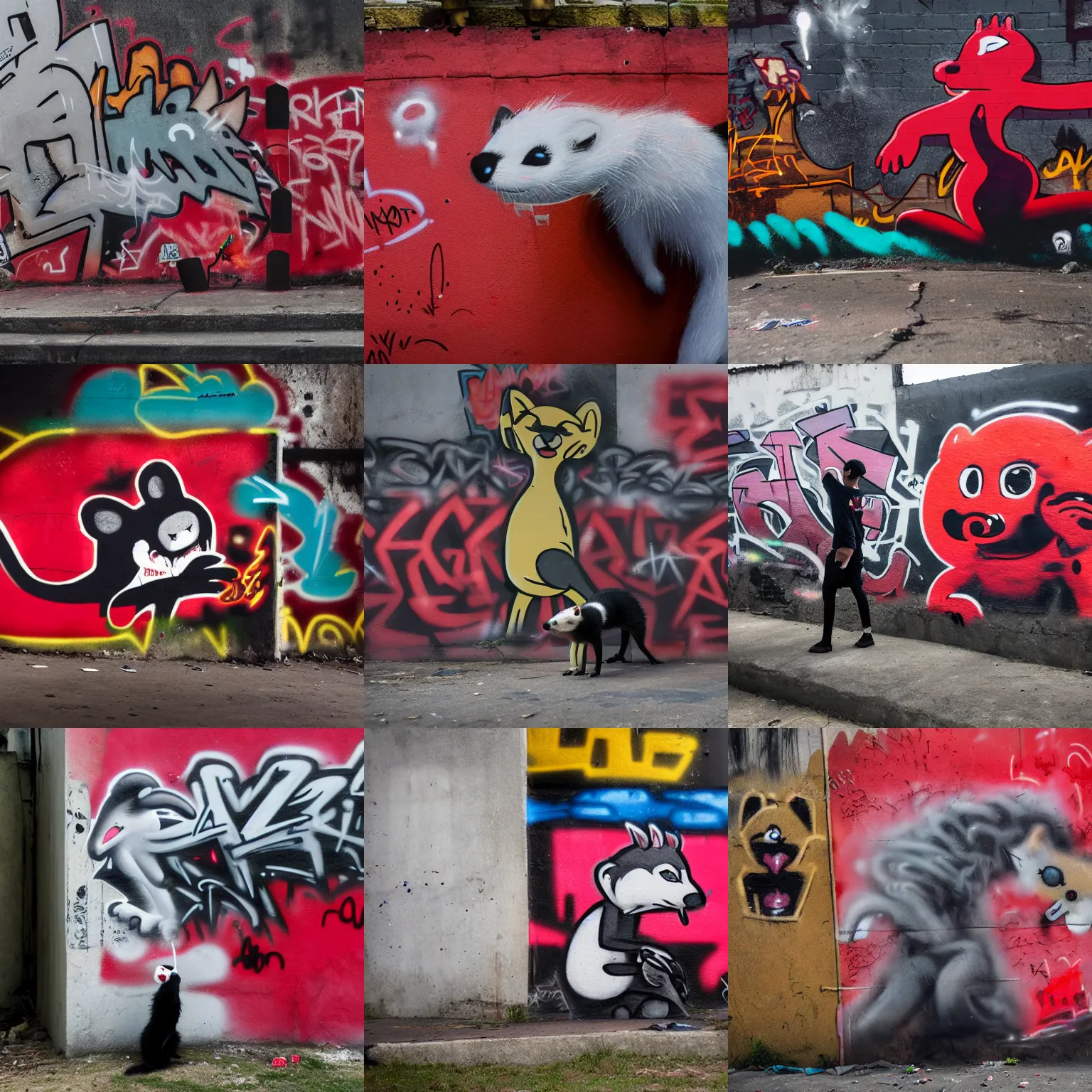 Prompt: photo ( far _ shot ), subject [ furry _ fandom _ fursona _ original _ character ( red - black, anthropomorphic _ humanoid _ weasel - ferret - stoat ) ], background ( smoke, concrete ), medium [ graffiti ( spray _ paint ) ], location ( favela _ wall )