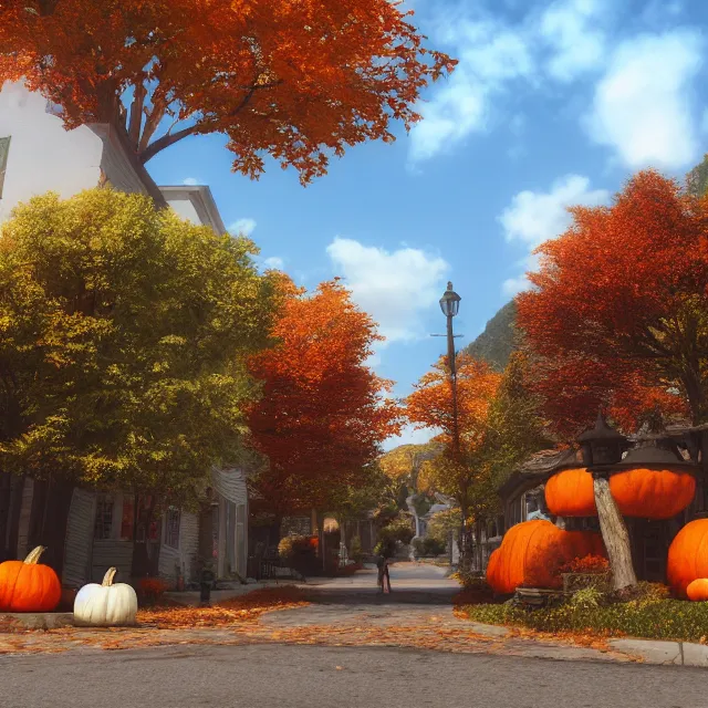 Image similar to pretty colonial city street with shops and pumpkins, maple trees with fall foliage, new hampshire mountain, stone walls, volumetric, realistic, cinematic lighting, ray tracing, unreal engine 5, octane render, hyper realistic, photo, 8 k