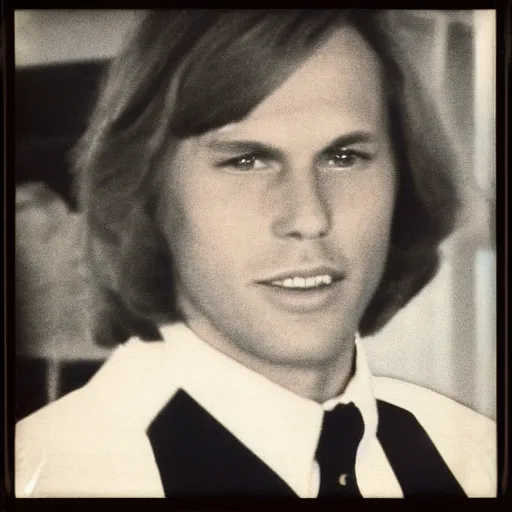 Image similar to A photograph portrait of Jerma985 with medium length wavy hair, a combover and wearing late 1970s popped collared menswear in the late 1970s, taken in the late 1970s, grainy, taken on a 1970s Polaroid Camera, realistic, hyperrealistic, very realistic, highly detailed, very detailed, extremely detailed, detailed, digital art, trending on artstation, front facing, front view, headshot and bodyshot, detailed face, very detailed face