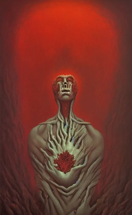 Image similar to black dramatic portrait painting of human with black mandelbrot fractal instead of face, in style of zdzisław beksinski, dark red, horror, body horror, scary,