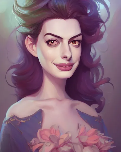 Image similar to a portrait of a beautiful Anne Hathaway witch, art by lois van baarle and loish and ross tran and rossdraws and sam yang and samdoesarts and artgerm, digital art, highly detailed, intricate, sharp focus, Trending on Artstation HQ, deviantart, unreal engine 5, 4K UHD image