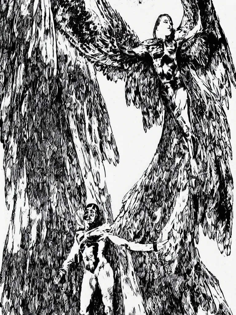 Prompt: a shaman standing on the edge of a cliff wearing a cape made of wings, by guido crepax