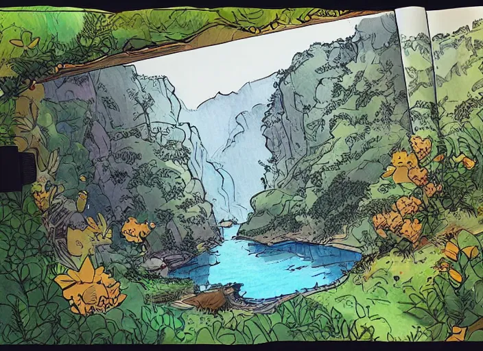 Prompt: illustration of a lush canyon landscape, (inktober), line art, ((water color)), by Bill Waterson, By Jake Parker, by Brian Kesinger