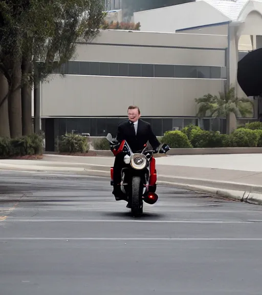 Image similar to Andy Richter is dressed in a black suit and a red necktie and riding a motorcycle into a studio lot. The studio lot is filled with Soundstages and movie trailers. It is a bright afternoon and overcast.