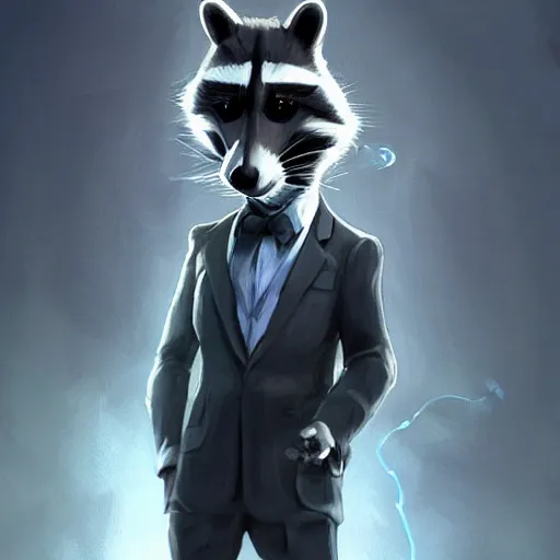 Image similar to a racoon wearing a suit smoking a cigar, dramatic lighting, cinematic, establishing shot, extremly high detail, photorealistic, cinematic lighting, artstation, style by James Gurney