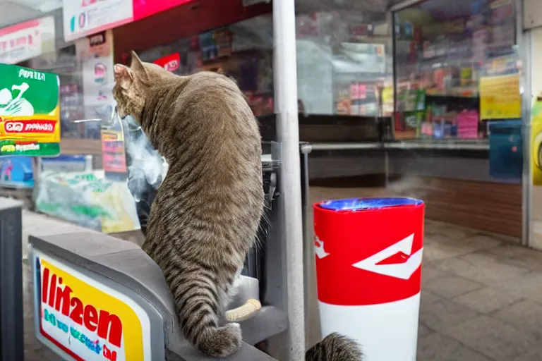 Image similar to cat smoking a cigarette in 7 - eleven