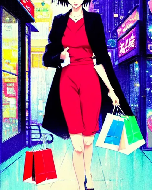 Image similar to cute girl wearing high heel with shopping bags, neon street. | very very anime!!!, fine - face, audrey plaza, realistic shaded perfect face, fine details. anime. very strong realistic shaded lighting poster by ilya kuvshinov katsuhiro otomo ghost, magali villeneuve, artgerm, jeremy lipkin and michael garmash and rob rey