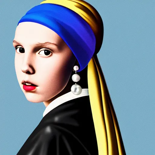 Image similar to Millie Bobby Brown with a pearl earring by Johannes Vermeer