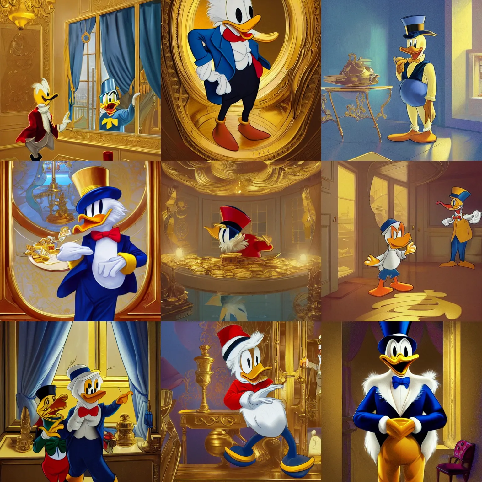 Image similar to Donald Duck meets Scrooge McDuck inside a room filled with gold pieces. Donald Duck wears a sailor suit and Scrooge McDuck wears a redingote and a top hat. Elegant, intricate, digital painting, artstation, concept art, smooth, sharp focus, illustration, art by artgerm and greg rutkowski and alphonse mucha