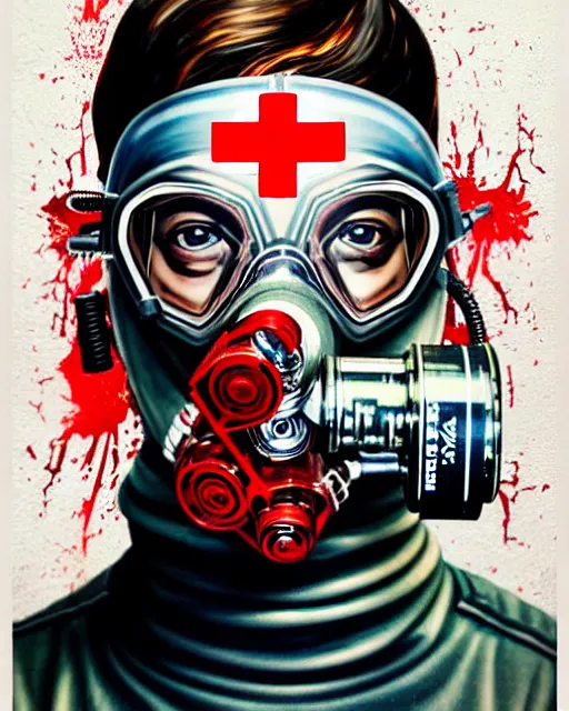 Image similar to portrait of an armoured diver man wearing oxygen mask, has blood, rose, a pistol and a syringe needle with sea background intricate details with horror side profile by Sandra Chevrier