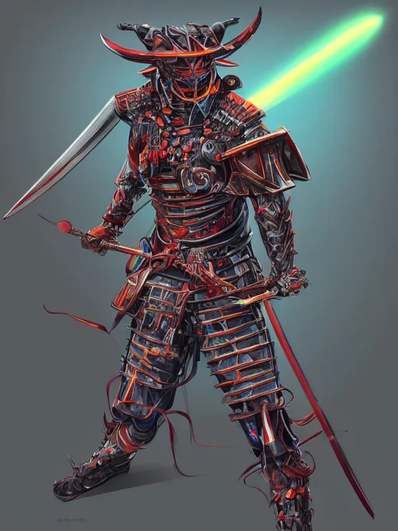 Prompt: full body front view portrait of natural, bio - mechanical ninja samurai, character design, correct anatomy, concept art, digital illustration, ray tracing, ultra detailed, fantasy, neon lighting, intricate and highly detailed, coloured with lots of colour, pose, fantasy, sharp focus,